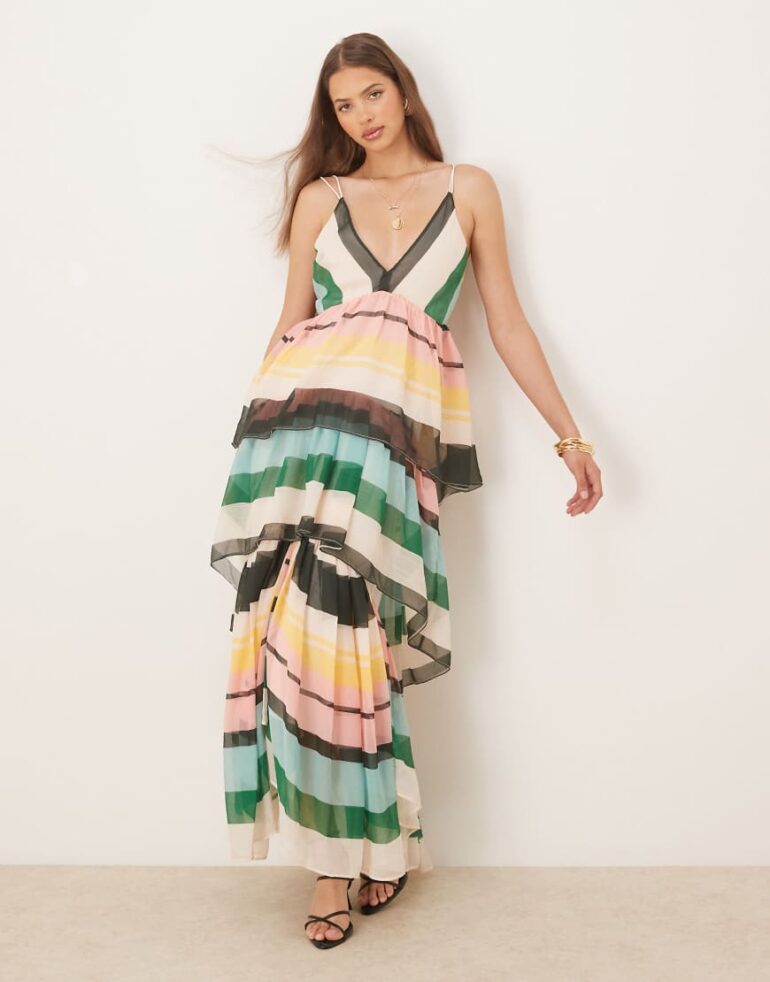 ASOS DESIGN plunge tiered maxi dress with open back in striped print-Multi