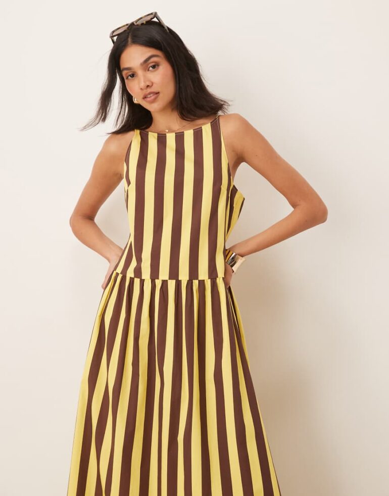 ASOS DESIGN poplin dropped waist racer maxi dress in yellow stripe-Multi