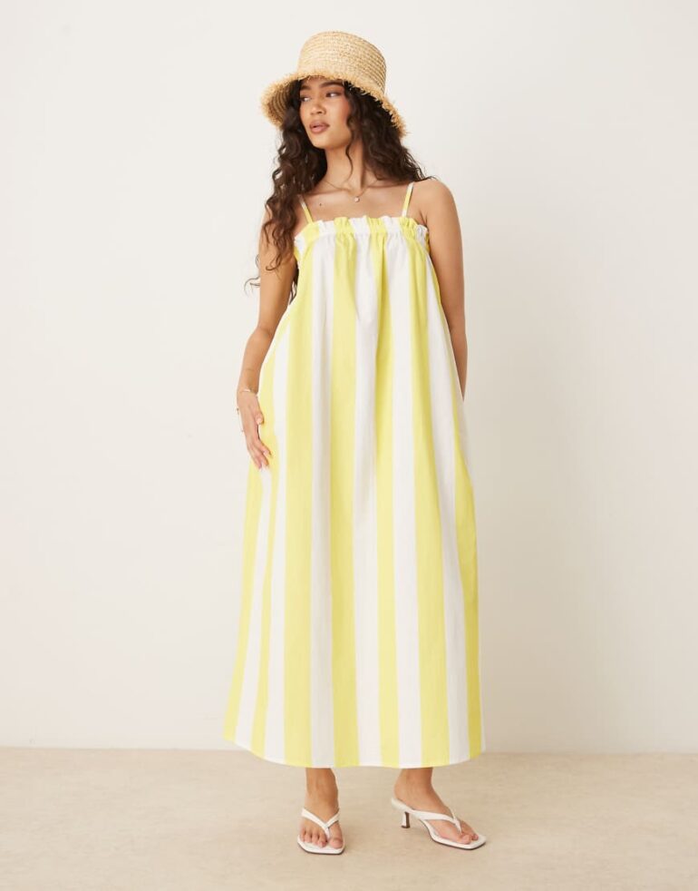 ASOS DESIGN poplin trapeze maxi dress in yellow stripe-Multi