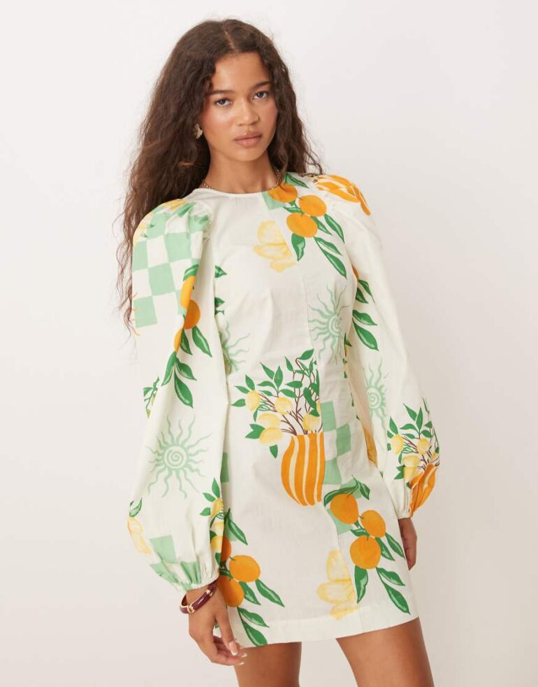 ASOS DESIGN puff sleeve tie back mini dress in summer print-Multi