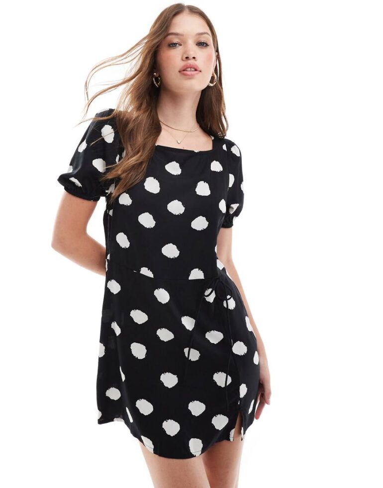 ASOS DESIGN puffed sleeve mini tee dress with tie waist & wrap in mono spot-Multi