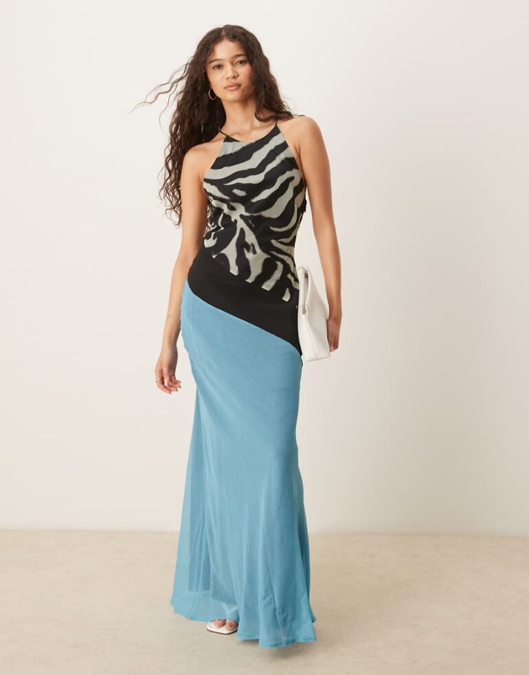 ASOS DESIGN racer neck slip midi dress with seam details in zebra print-Multi