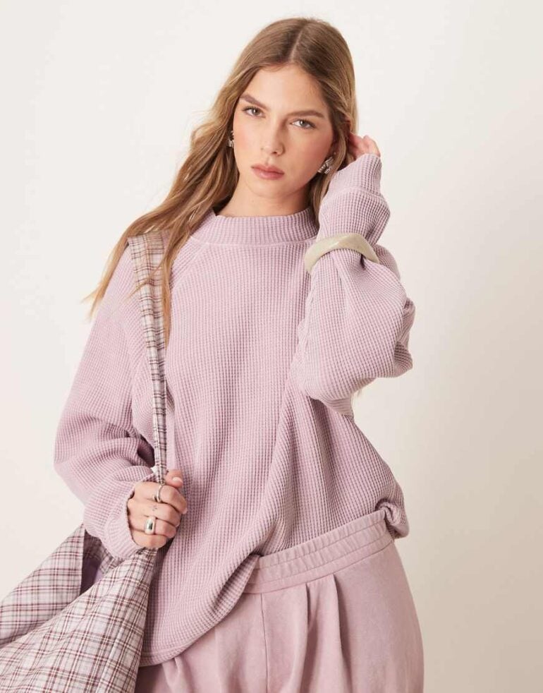 ASOS DESIGN raglan high neck long sleeve top in waffle in washed mauve-Purple