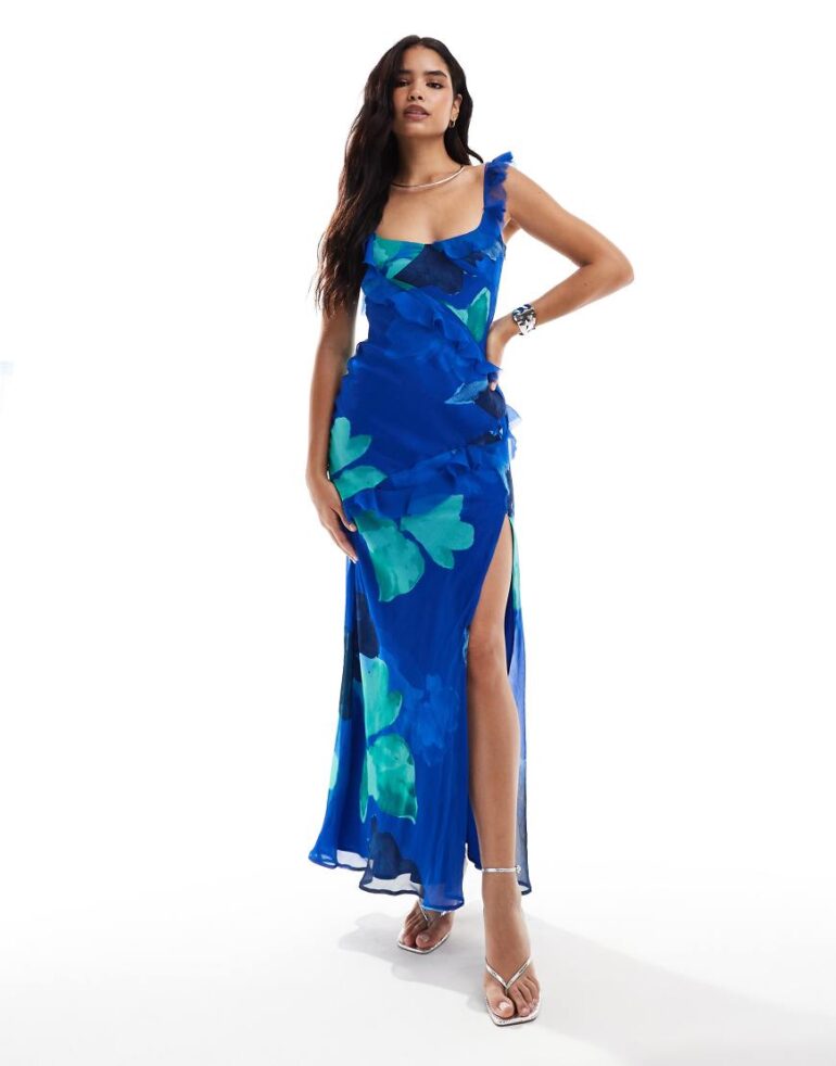 ASOS DESIGN raw edge frill maxi dress with tie back in bold blue floral print-Multi