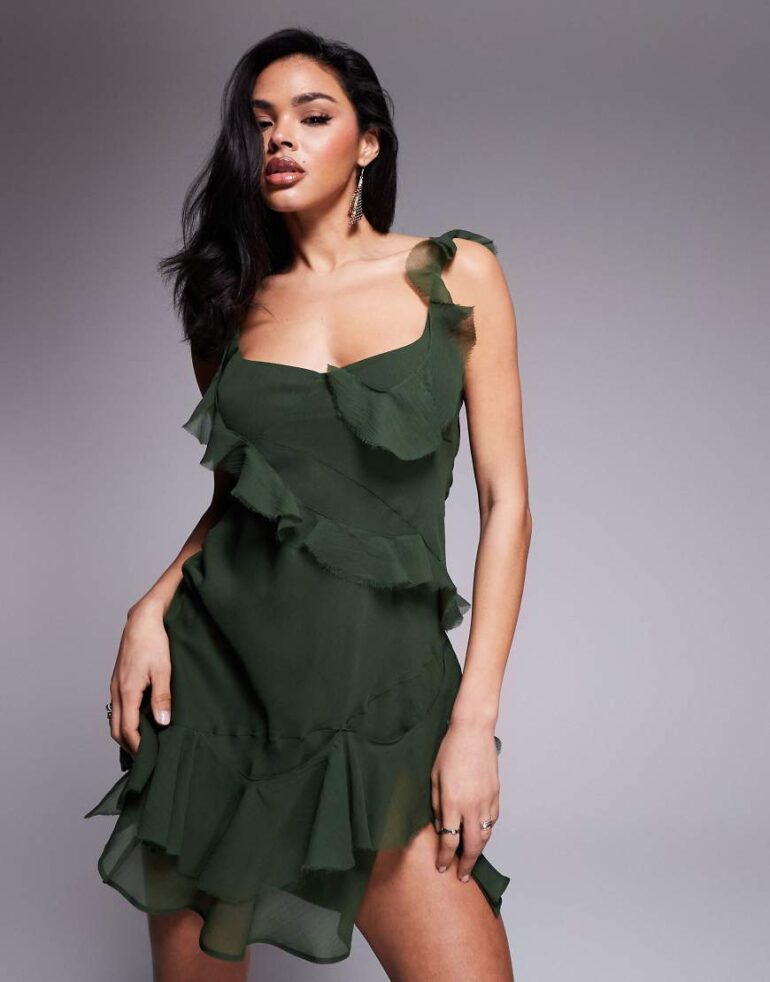 ASOS DESIGN raw edge frill mini dress with tie back in deep olive-Green