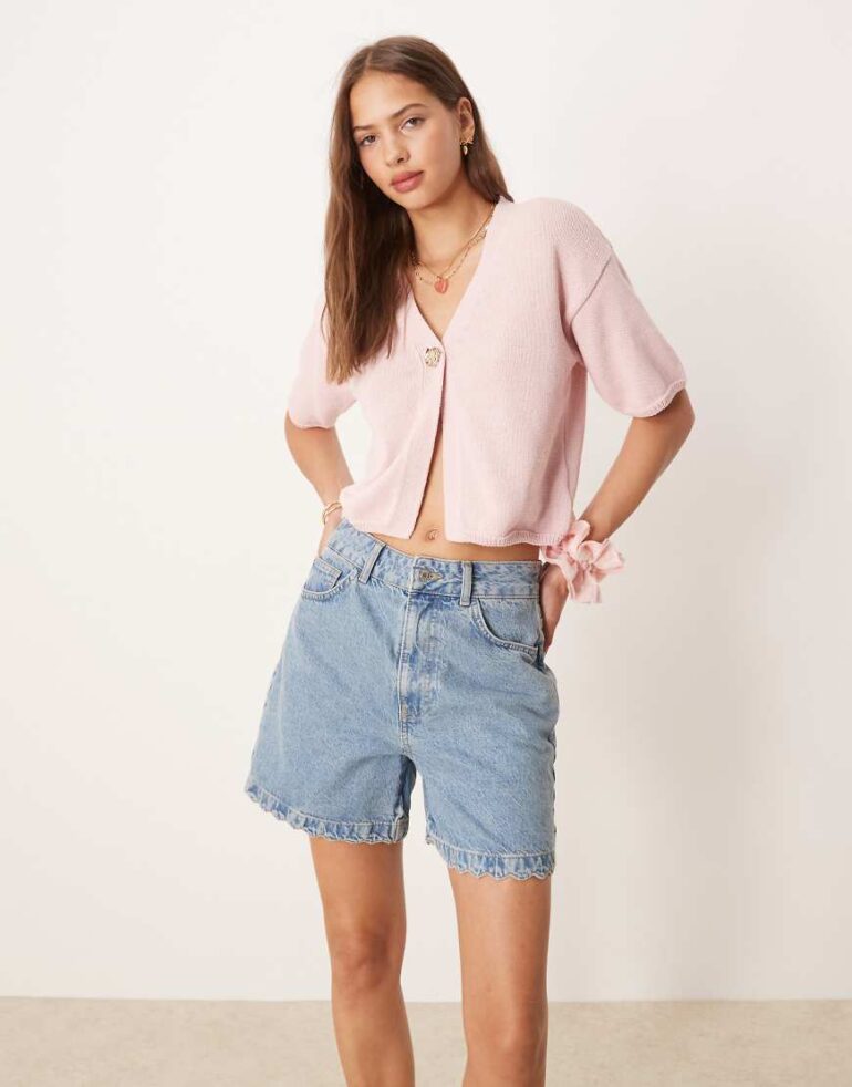 ASOS DESIGN relaxed cardigan with floral gold button in pink