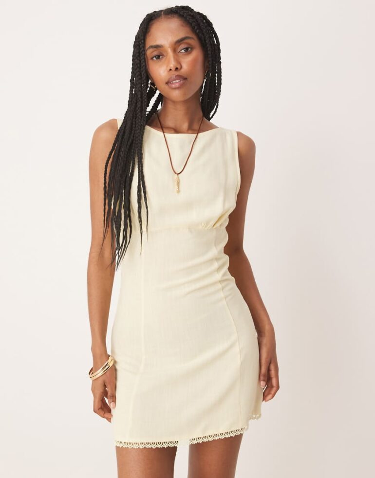 ASOS DESIGN ruched bust with lace trim mini dress in lemon-Yellow