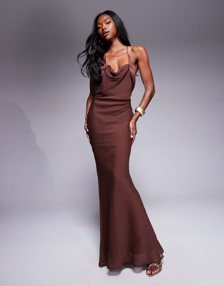 ASOS DESIGN satin and chiffon mix cowl neck bias maxi dress in chocolate-Brown