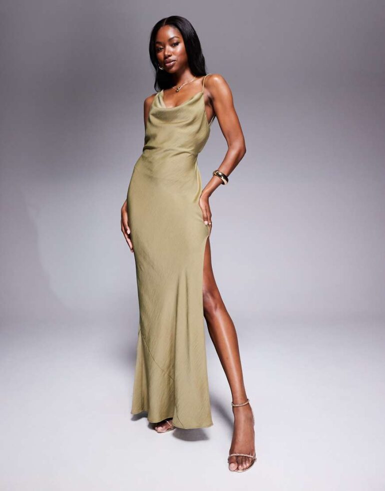 ASOS DESIGN satin asymmetric strap midaxi dress with split in olive green