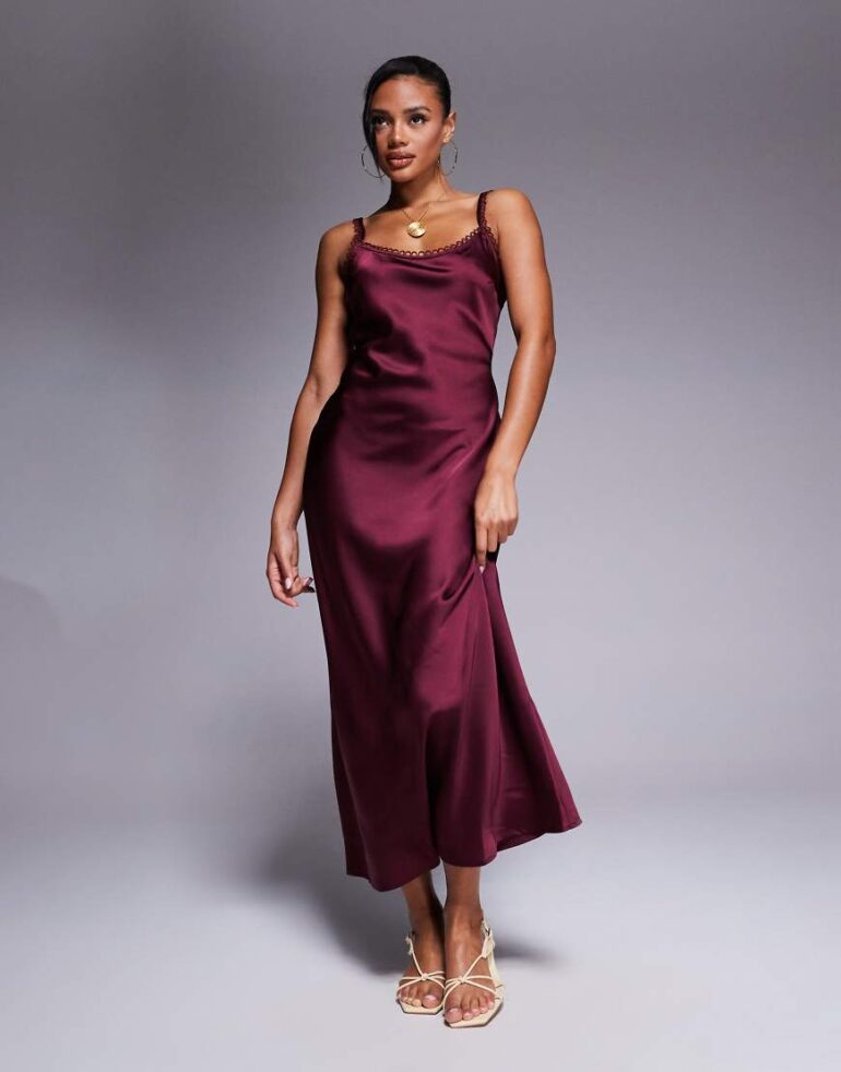 ASOS DESIGN satin cami slip midi dress with picot trim neckline in burgundy-Brown