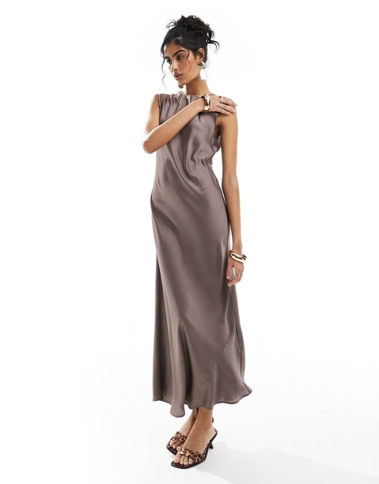 ASOS DESIGN satin midi dress in mocha-Grey