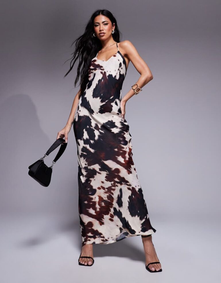 ASOS DESIGN satin v neck strappy maxi dress in cow print in cow print-Multi