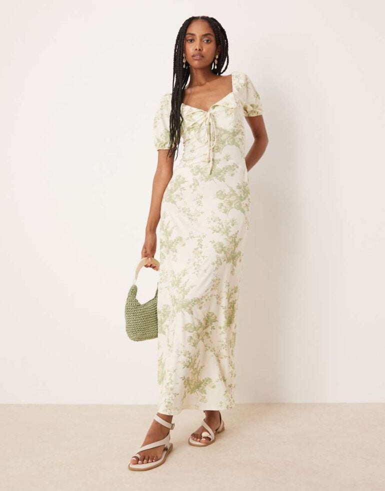 ASOS DESIGN scalloped collar puff sleeve seam detail midi tea dress in vintage floral print-Multi
