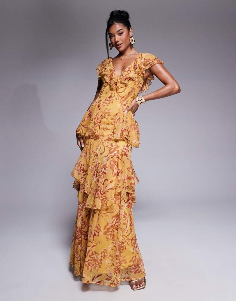 ASOS DESIGN scoop neck flutter sleeve ruffle tiered midaxi dress in mustard floral print-Multi
