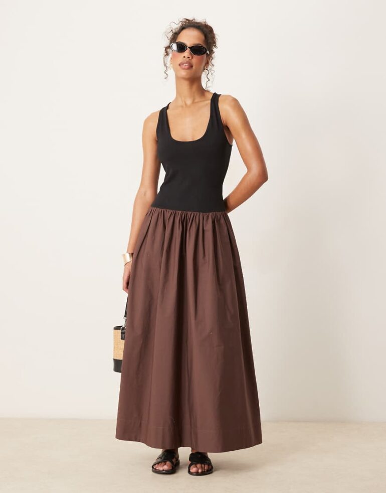 ASOS DESIGN scoop neck hybrid maxi dress in chocolate-Multi