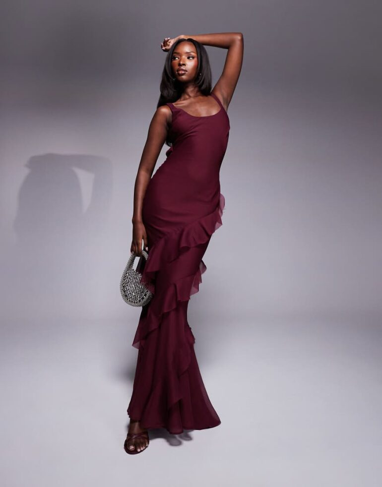 ASOS DESIGN scoop neck maxi dress with ruffle skirt and cut out back in chestnut brown