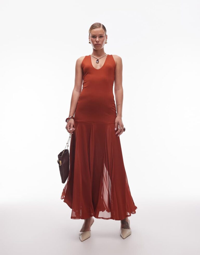ASOS DESIGN scoop neck maxi dress with sheer godet skirt in rust-Orange