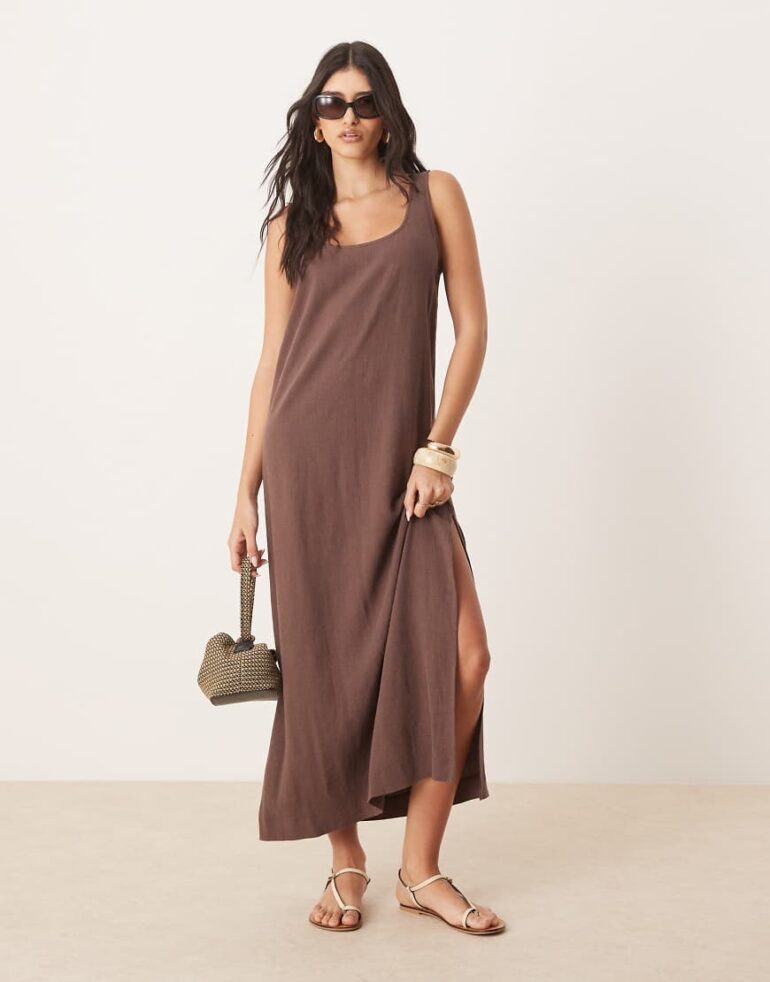 ASOS DESIGN scoop neck midi dress in linen in bitter chocolate-Brown
