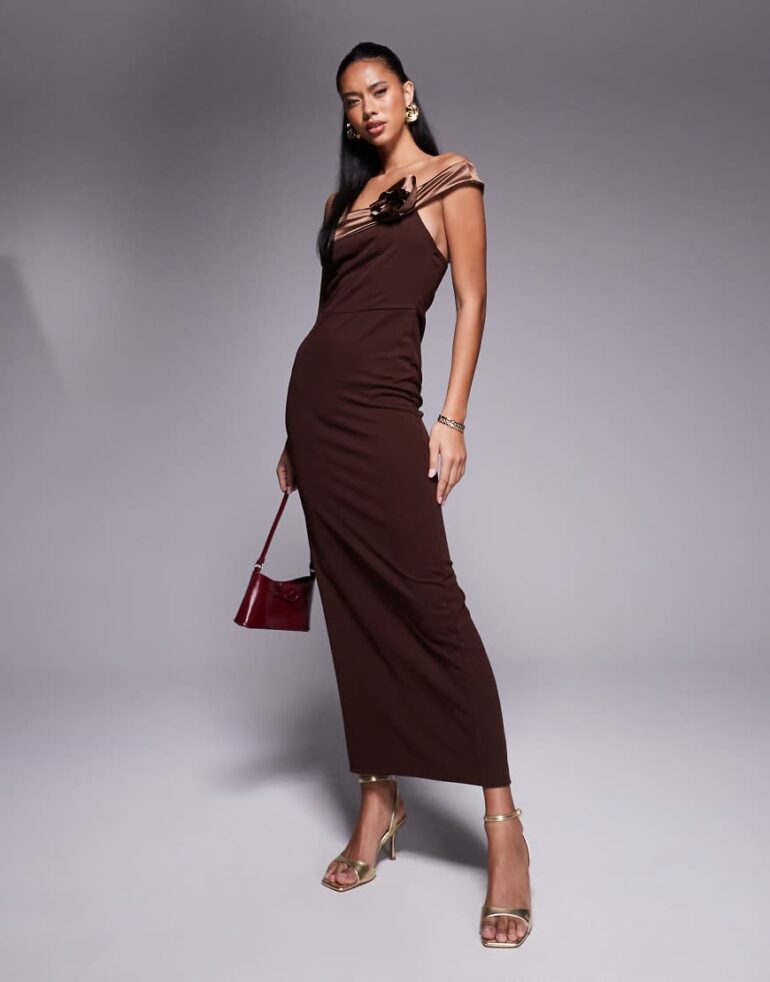 ASOS DESIGN scuba contrast bandeau with corsage midaxi dress in chocolate-Multi
