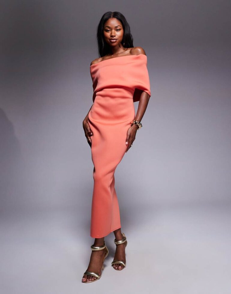 ASOS DESIGN scuba deep bardot midi dress with cape back detail in ember orange