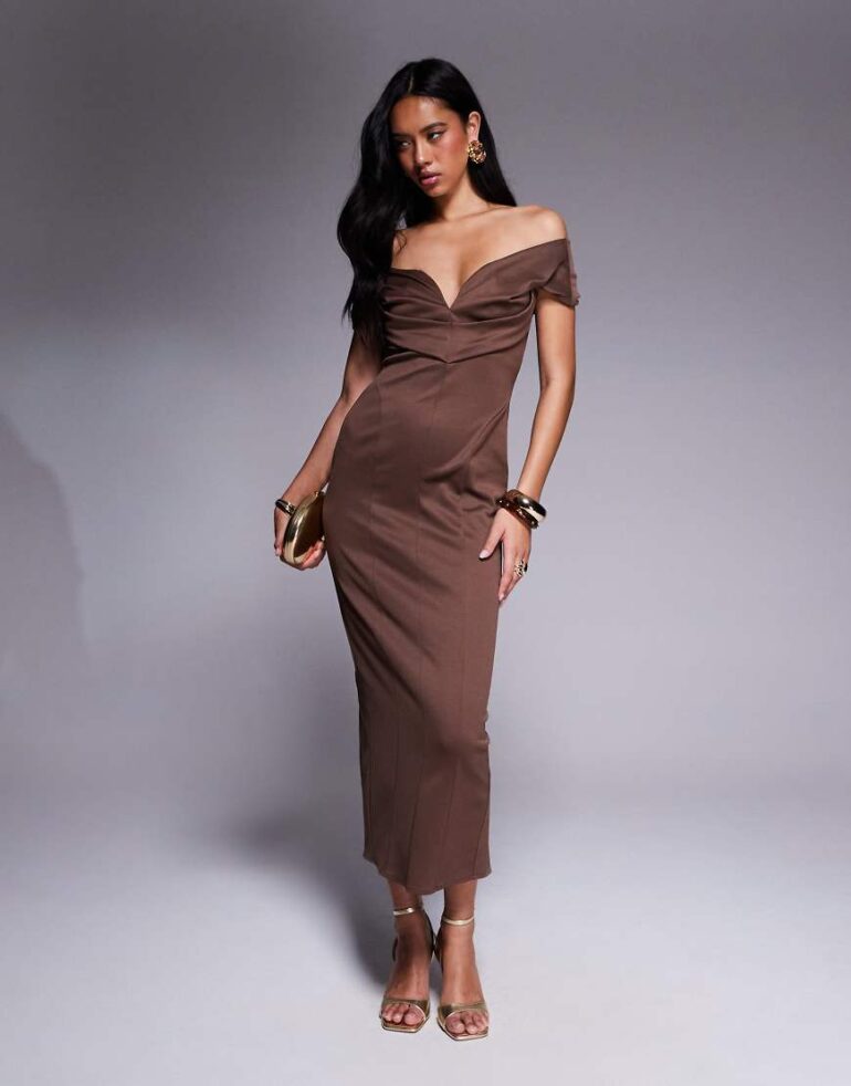 ASOS DESIGN sculpted bardot midi pencil dress with seam detailing in chocolate-Brown