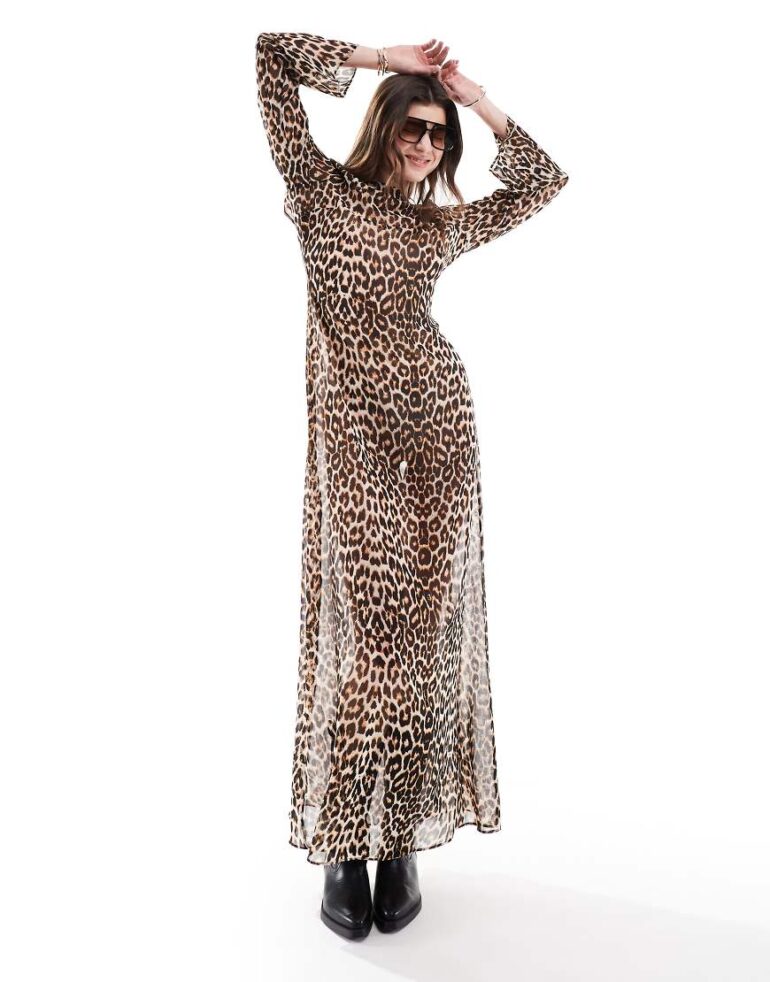 ASOS DESIGN sheer chiffon low back maxi dress in leopard print-Brown
