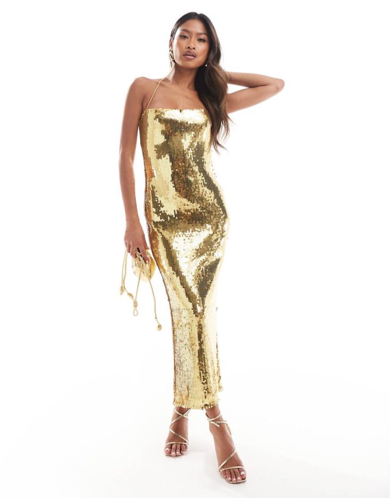 ASOS DESIGN sheer sequin square neck midi dress with cross strap detail in gold