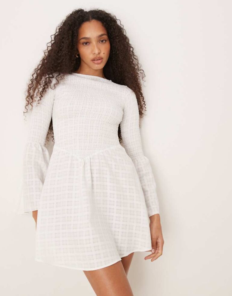 ASOS DESIGN shirred angel sleeve mini dress in white