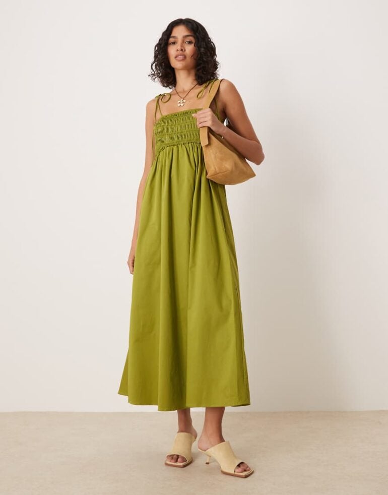 ASOS DESIGN shirred bust cotton poplin midi dress in khaki-Green
