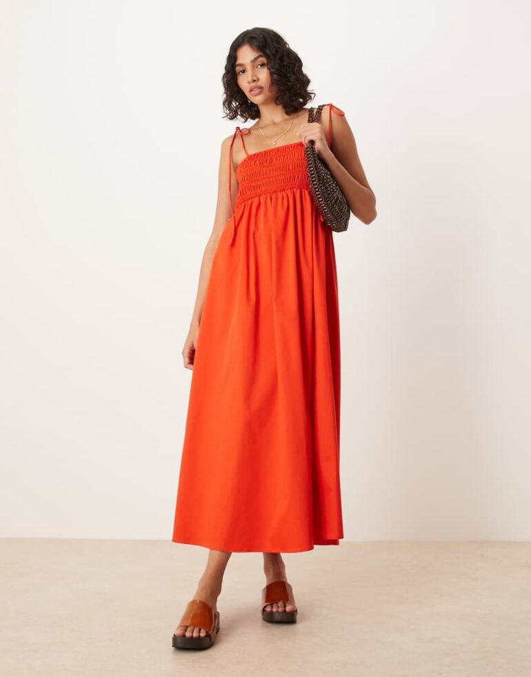 ASOS DESIGN shirred bust cotton poplin midi dress in red