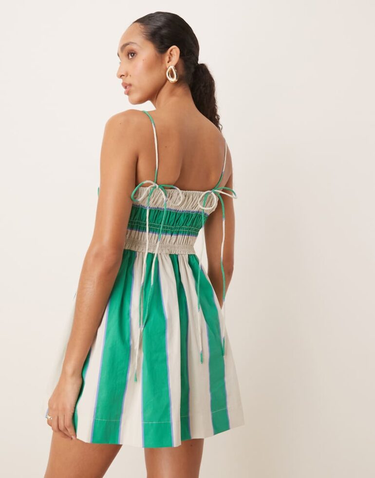 ASOS DESIGN shirred bust cotton poplin mini dress in green and lilac stripe-Multi