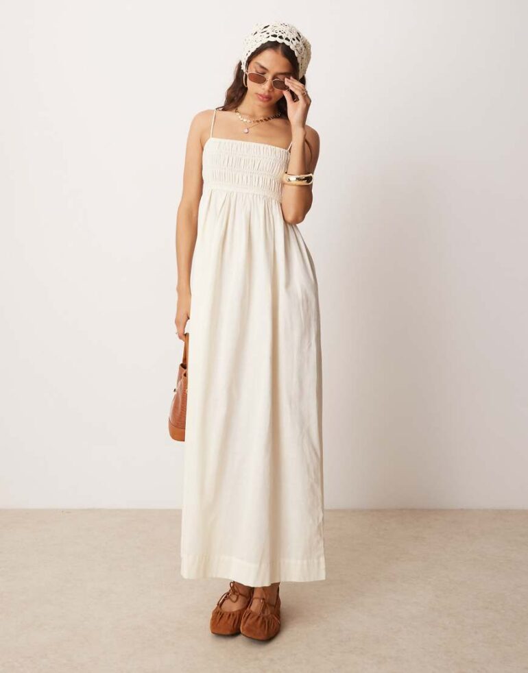 ASOS DESIGN shirred bust cotton sateen maxi dress in oyster-Multi