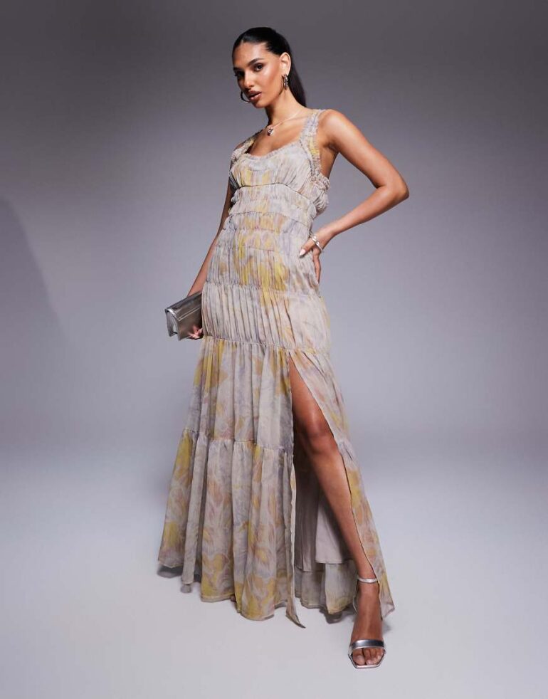 ASOS DESIGN shirred tiered ruffle trim maxi dress in floral print-Multi