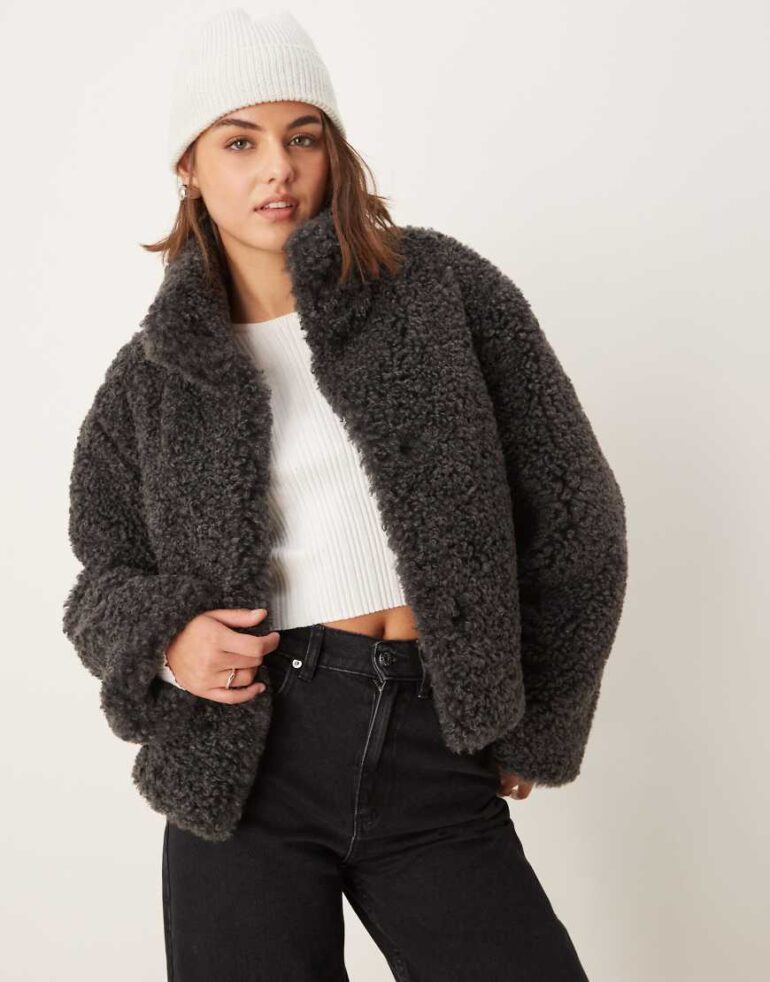 ASOS DESIGN short curly borg faux fur jacket in charcoal-Grey