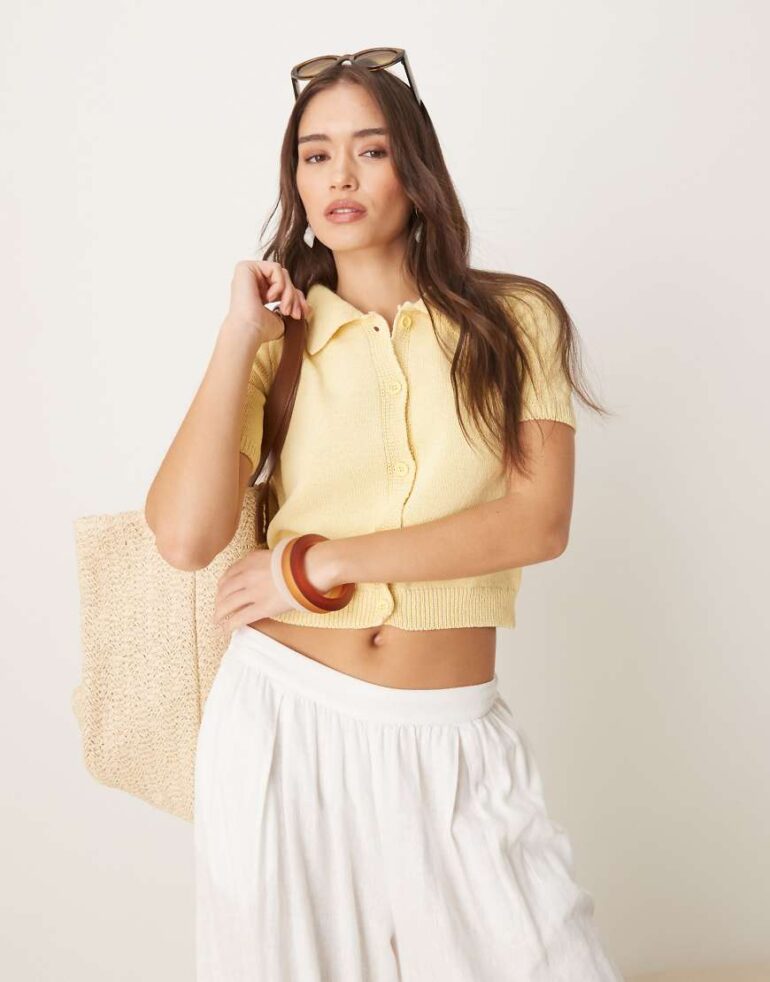 ASOS DESIGN short sleeve cardigan with collar in buttermilk-White