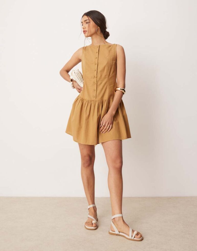 ASOS DESIGN slash neck button down dropped waist mini dress in tan-Brown