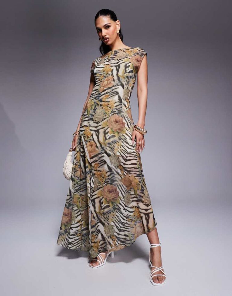 ASOS DESIGN slash neck waisted maxi dress in animal floral print-Multi