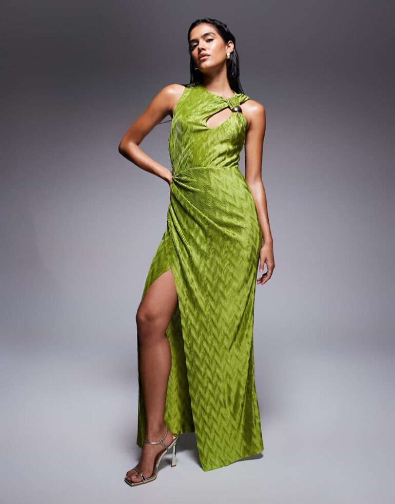 ASOS DESIGN sleeveless draped and cut out with trim detail maxi dress in green