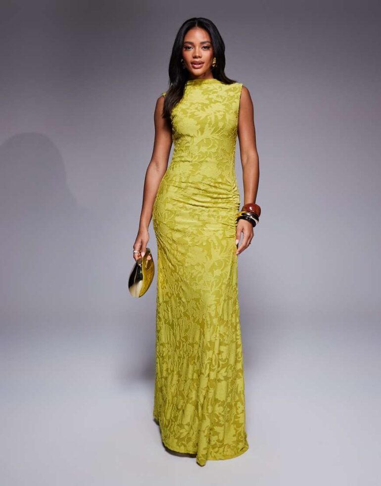 ASOS DESIGN sleeveless high neck devore maxi dress with ruched skirt detail in lime-Green