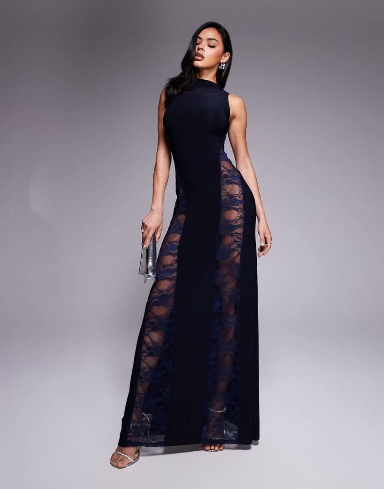 ASOS DESIGN sleeveless lace panelled in maxi dress with new high neck in navy-Black