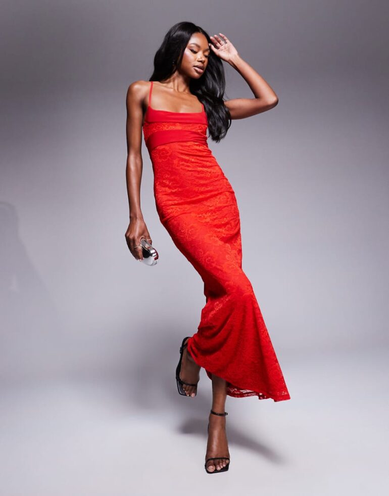 ASOS DESIGN sleeveless scoop cami lace maxi dress in red