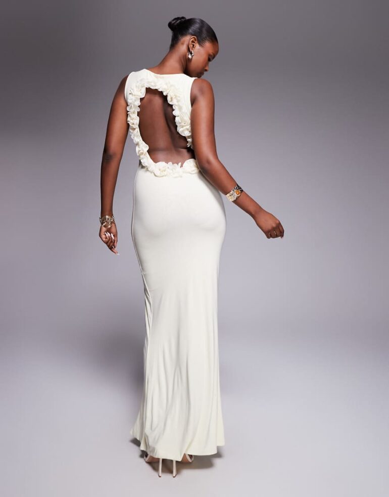 ASOS DESIGN sleeveless with 3D flower open back maxi dress in buttermilk yellow
