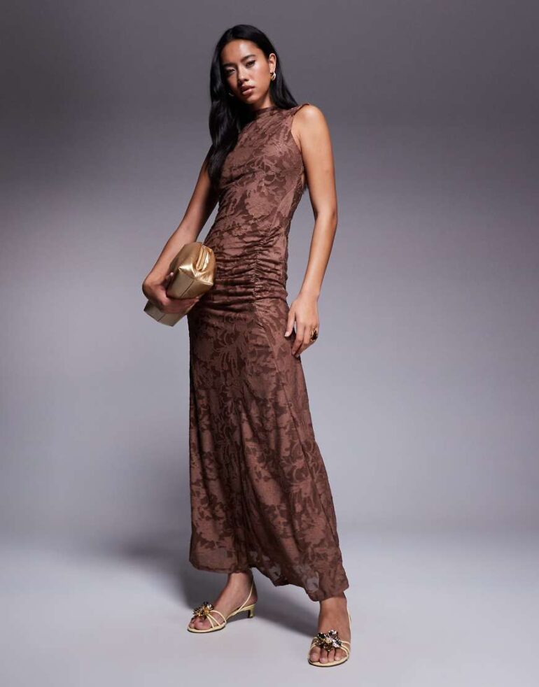ASOS DESIGN sleeveless with open back devore maxi dress in brown