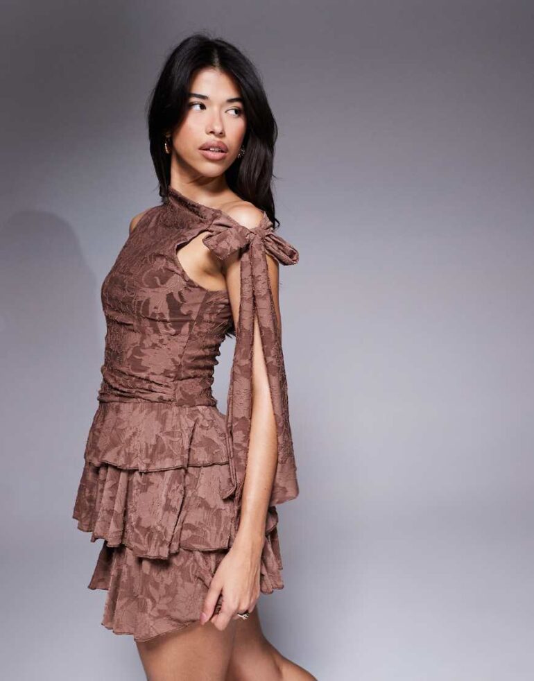 ASOS DESIGN sleeveless with tie detail devore mini dress with ruffles in chocolate-Brown