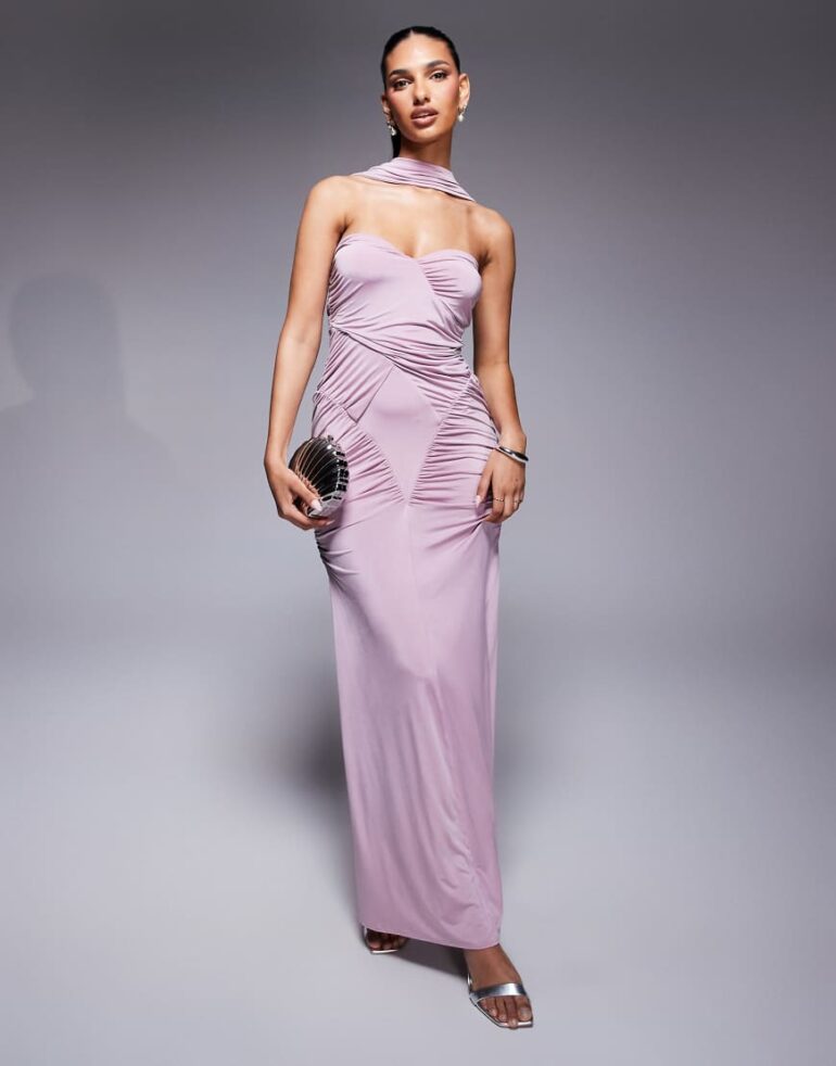 ASOS DESIGN slinky bandeau ruched maxi dress with neck tie in lilac-Purple