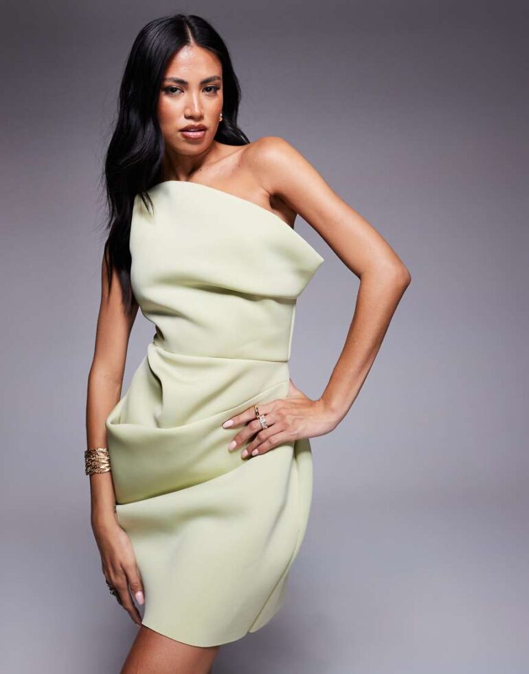 ASOS DESIGN slouch neckline cinched waist scuba mini dress in green
