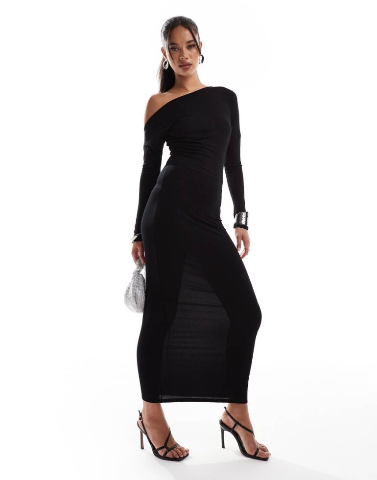 ASOS DESIGN slouchy off shoulder open back midi dress in black