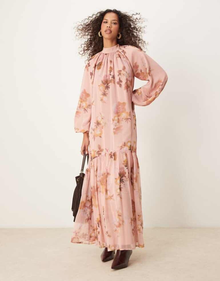 ASOS DESIGN smock tie bow back maxi dress in pink blurred floral print-Multi