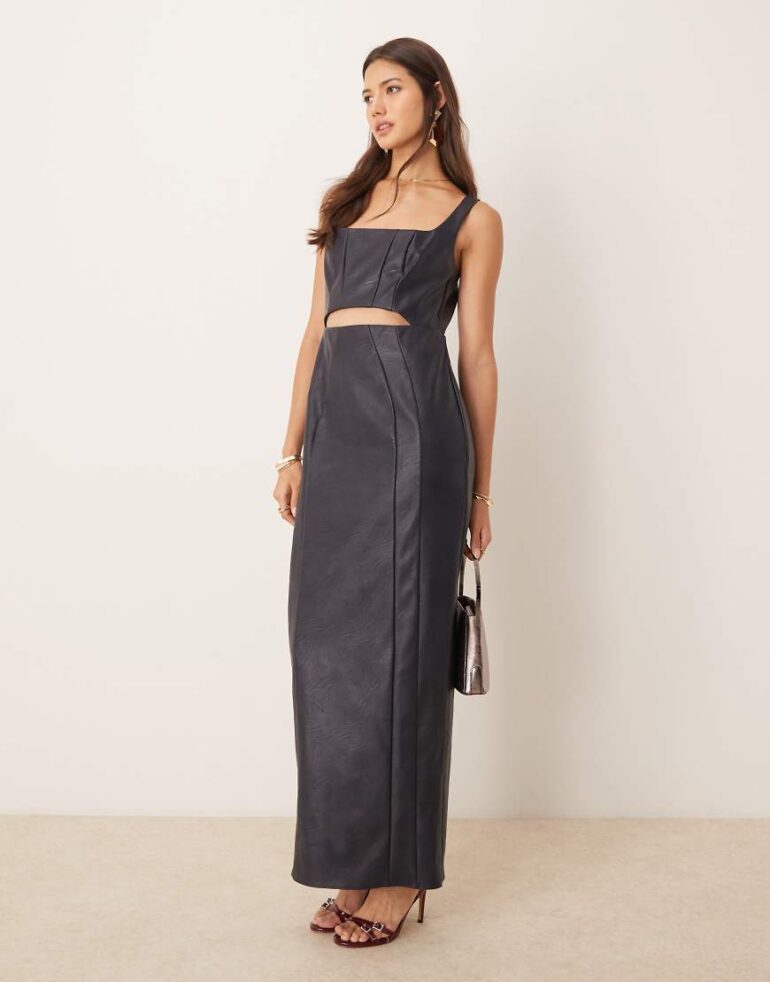 ASOS DESIGN square neck PU pencil maxi dress with cut out in midnight blue