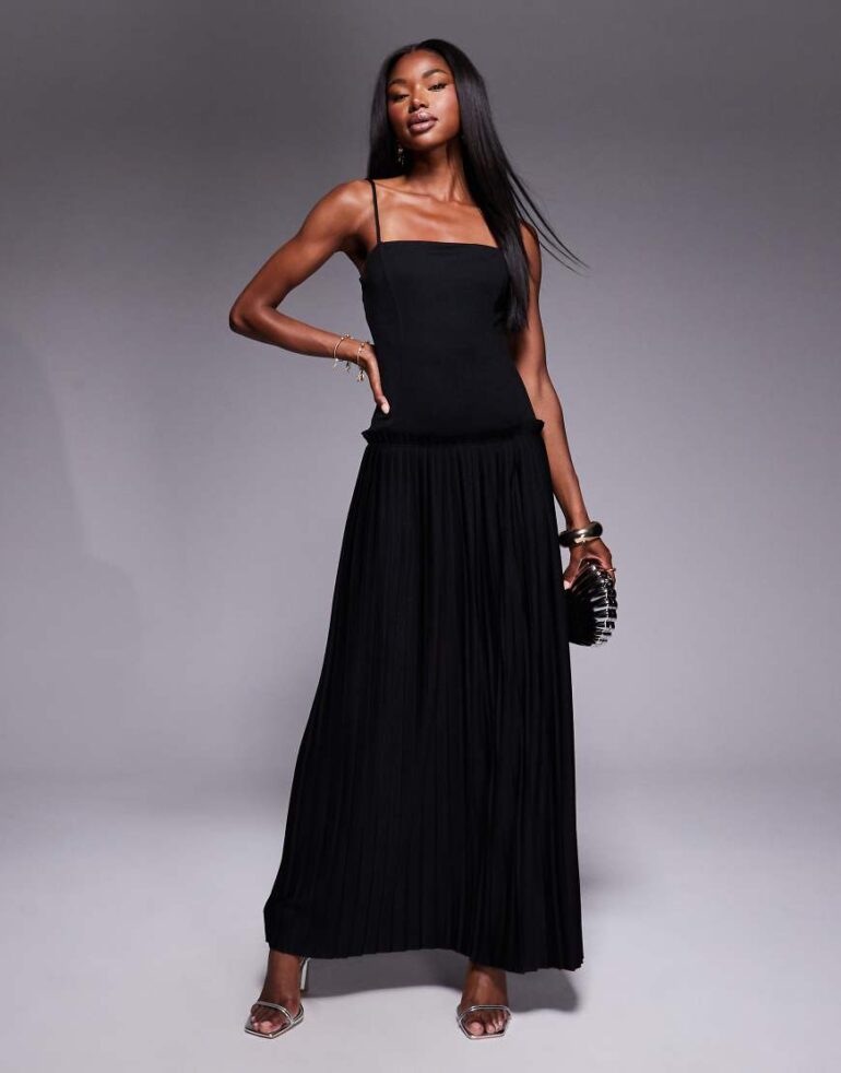 ASOS DESIGN square neck pleated maxi dress with dropped waist in black